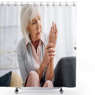 Personality  Senior Woman Having Hand Arthritis And Sitting On Sofa In Apartment  Shower Curtains