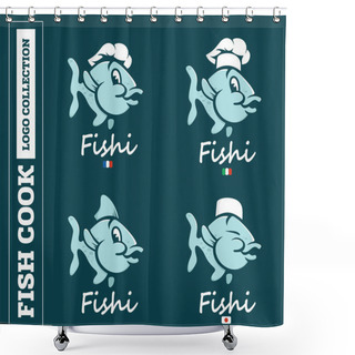 Personality  Modern Professional Set Logo Emblem Fish Cook For Different Countries In Blue Theme Shower Curtains