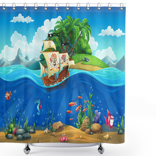 Personality  Cartoon Underwater World With Fish, Plants, Island And Ship Shower Curtains