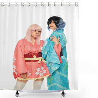 Personality  Blonde Anime Style Woman Embracing Arm Of Man In Kimono And Wig On White, Cosplay Subculture Concept Shower Curtains