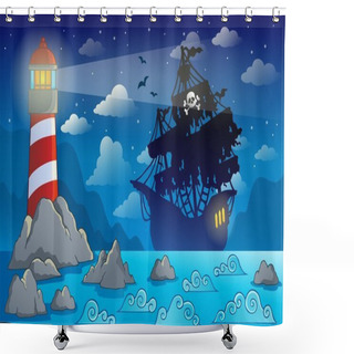 Personality  Pirate Ship Silhouette Near Coast 1 Shower Curtains
