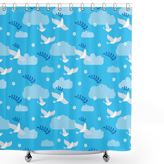Personality  Seamless Pattern Of Flying Birds With Green Branch, Flowers And Clouds. Shower Curtains