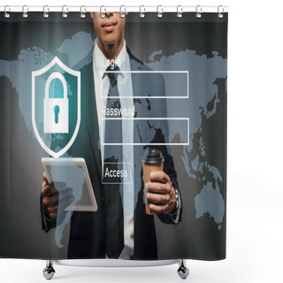 Personality  Partial View Of African American Businessman Holding Coffee To Go And Digital Tablet On Dark Background With Secure Access Illustration Shower Curtains