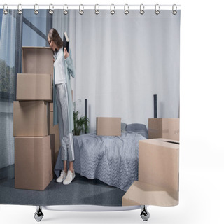 Personality  Woman Unpacking Cardboard Boxes Shower Curtains
