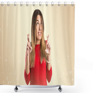 Personality  Young Girl Crossing His Fingers Over Ocher Background  Shower Curtains