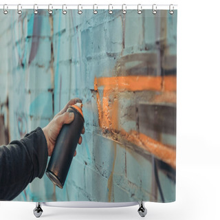 Personality  Cropped View Of Street Artist Painting Colorful Graffiti On Wall Of Building Shower Curtains