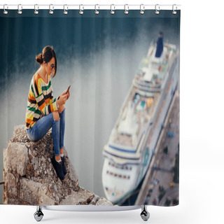Personality  Woman Using Smartphone App And Travel Shower Curtains