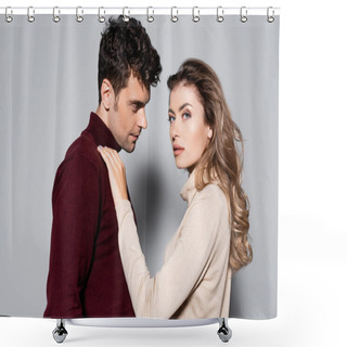 Personality  Side View Of Casual Young Couple In Turtleneck Jumpers Isolated On Grey Shower Curtains