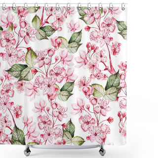 Personality  Seamles Pattern With Japanese Sakura With Pink Flowers And Green Leaves. Illustration Shower Curtains