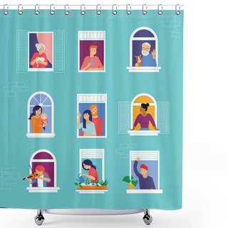 Personality  Stay At Home, Concept Design. Different Types Of People, Family, Neighbors In Their Own Houses. Self Isolation, Quarantine During The Coronavirus Outbreak. Vector Flat Style Illustration Stock Shower Curtains