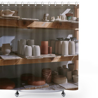 Personality  Ceramic Bowls And Dishes On Wooden Shelves At Pottery Studio Shower Curtains