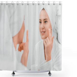 Personality  Selective Focus Of Woman Applying Cosmetic Cream In Bathroom  Shower Curtains