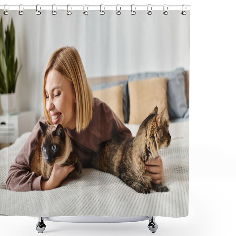 Personality  A Chic Woman With Short Hair Peacefully Reclines On A Bed, Surrounded By Two Affectionate Cats. Shower Curtains