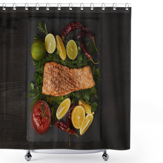 Personality  Top View Of Grilled Salmon Steak, Pieces Of Lime And Lemon, Chili Peppers And Sauce On Black Surface Shower Curtains