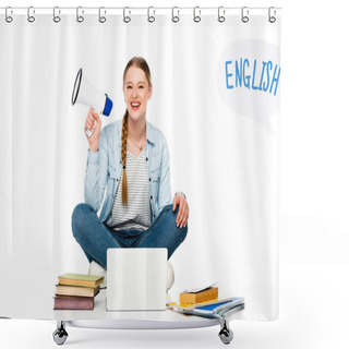Personality  Smiling Girl Sitting On Floor With Loudspeaker Near Laptop, Books And Copybooks, English Lettering In Speech Bubble Isolated On White Shower Curtains
