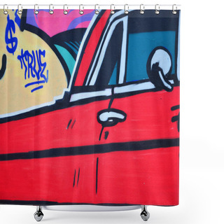 Personality  A Detailed Image Of The Graffiti Drawing. A Conceptual Street Art Background With A Red Lowrider Car Shower Curtains