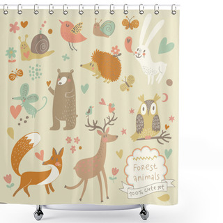 Personality  Cartoon Set Of Cute Wild Animals In The Forest Shower Curtains