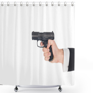 Personality  Partial View Of Killer Aiming With Gun, Isolated On White Shower Curtains