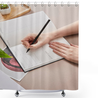 Personality  Cropped View Of Woman Writing In Planner On Beige Surface Shower Curtains