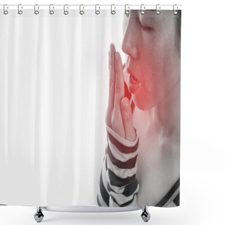Personality  Asian Woman Having Bad Breath On Isolated White Background. Shower Curtains