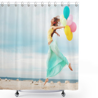 Personality  Happy Girl With Bunch Of Colorful Air Balloons Shower Curtains