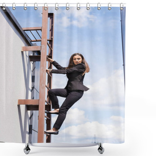 Personality  Frightened Woman, Suffering From Acrophobia, Looking Down While Climbing Stairs On Rooftop Shower Curtains
