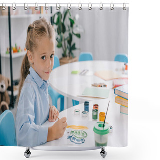 Personality  Side View Of Cute Child Sitting At Table With Paints And Paint Brushes  Shower Curtains