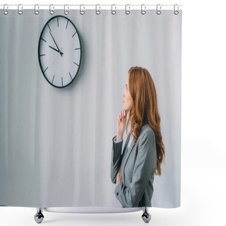 Personality  Side View Of Thoughtful Businesswoman Looking At Wall Clock On Grey Shower Curtains