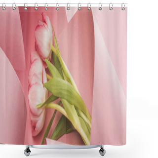Personality  Blooming Spring Tulips Wrapped In Pink Paper Swirls, Panoramic Shot Shower Curtains