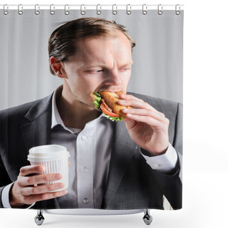 Personality  Busy Businessman Eating Takeaway Sandwich Shower Curtains