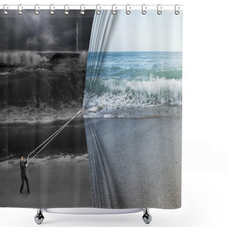 Personality  Businessman Pulling Open Calm Sea Curtain Covered Dark Stormy Oc Shower Curtains