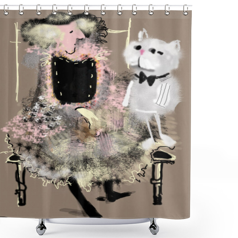 Personality  Old Lady Sitting Next To A Big Gray Cat Shower Curtains