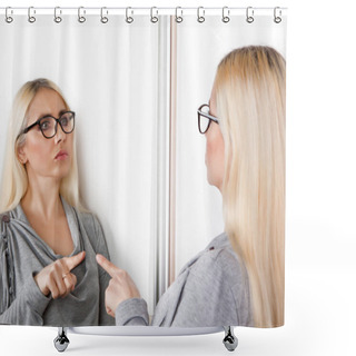 Personality  A Woman Pokes A Finger At His Reflection In The Mirror. Shower Curtains