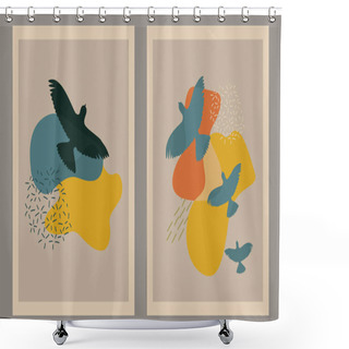 Personality  Memphis Wall Art Vector Set. Various Flying Birds, Abstract Forms. Doodle Style. Contemporary Modern Trendy Vector Illustrations. Continuous Line, Minimalistic Elegant Concept. Shower Curtains