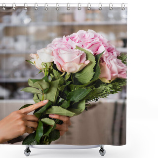 Personality  Close Up Of Bouquet With Blooming Hydrangea And Roses In Hands Of Female Florist On Blurred Background Shower Curtains