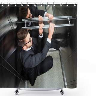 Personality  High Angle View Of Scared Businessman In Suit With Claustrophobia Sitting On Floor In Elevator Shower Curtains