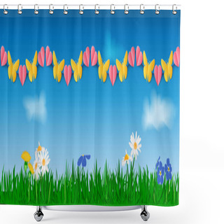 Personality  Seamless Horizontal Garland Of Yellow Paper Butterflies And Pink Hearts Against The Background Of Grass, Flowers And Sky. Template For Site Header Or Banner. Vector Illustration. Shower Curtains