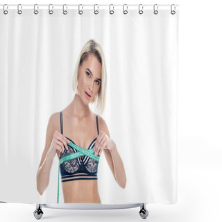 Personality  Beautiful Slim Girl In Bra Measuring Her Breast, Isolated On White Shower Curtains