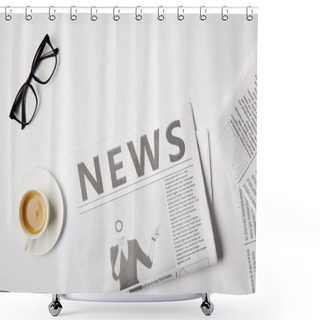 Personality  Top View Of Eyeglasses, Coffee Cup And Newspapers, On White Shower Curtains