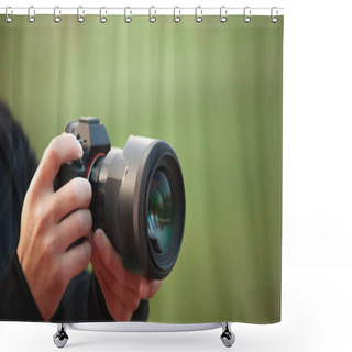 Personality  Photographer Men Shooting Images. Man Hands Holding Camera Taking Photos. Vivid Blur Green Background Shower Curtains