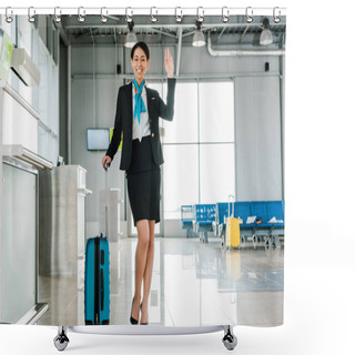 Personality  Smiling African American Stewardess With Travel Bag Waving Hand In Airport Shower Curtains