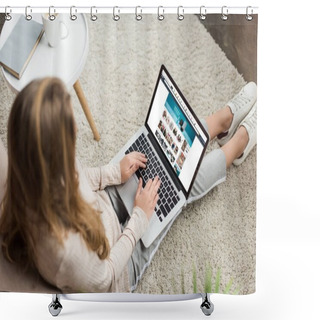 Personality  High Angle View Of Woman At Home Sitting On Floor And Using Laptop With Amazon Website On Screen Shower Curtains