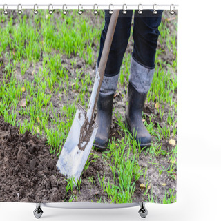 Personality  Farmer Digging In The Garden. Spring Gardening. Preparing Soil For Planting. Shower Curtains