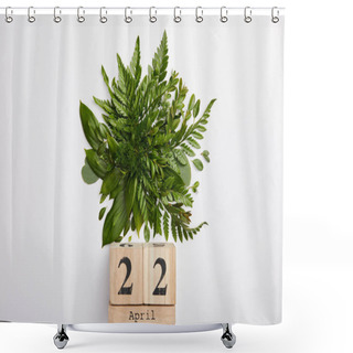 Personality  Composition Of Fresh Green Fern Leaves And Wooden Blocks Calendar Isolated On Grey Background, Earth Day Concept Shower Curtains