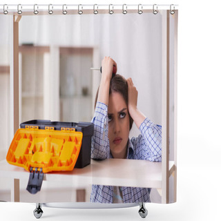 Personality  Young Beautiful Woman Assembling Furniture At Home Shower Curtains