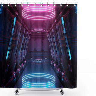 Personality  Blue And Pink Spaceship Interior With Glowing, Neon Lights Podium Reflecting On The Floor. Futuristic Corridor In Space Station With Circles Background. 3d Rendering Shower Curtains