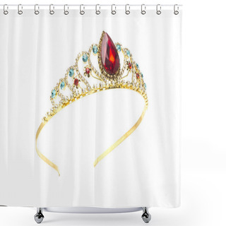 Personality  Gold Crown With Red Ruby Stone Isolated On White Shower Curtains