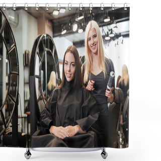 Personality  Beautiful Blonde Female Hairdresser Holding Scissors And Comb Shower Curtains