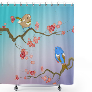 Personality  Birds Sitting On Branches With Spring Flowers Shower Curtains