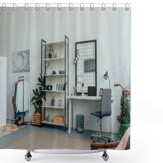 Personality  Interior Of Modern Living Room With Laptop On Table And Clothes On Hangers Shower Curtains